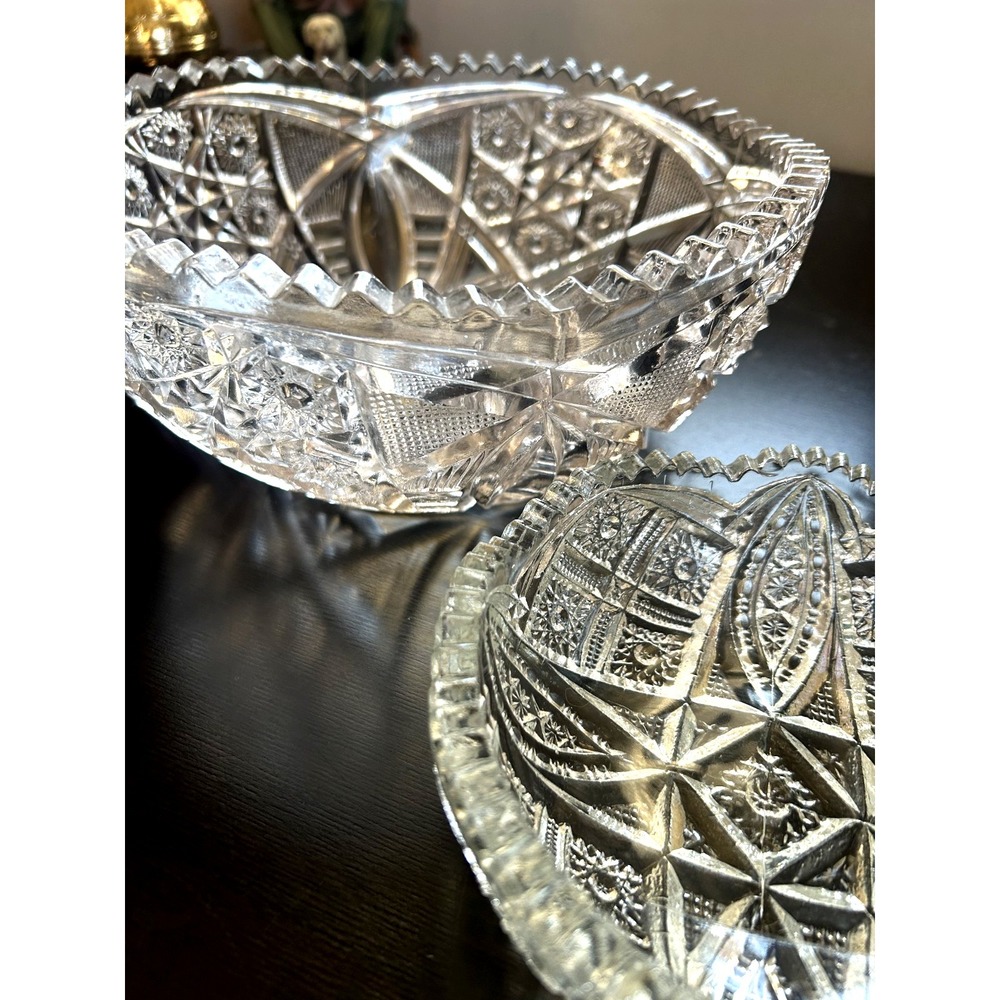 Vintage Brilliant Cut Glass Bowl Lot 2 Hobstar Sawtooth Heavy Crystal